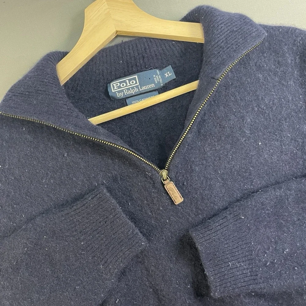 VTG Polo Ralph Lauren Sweater Womens XL Navy 1/4 Zip Wool Cashmere Knit